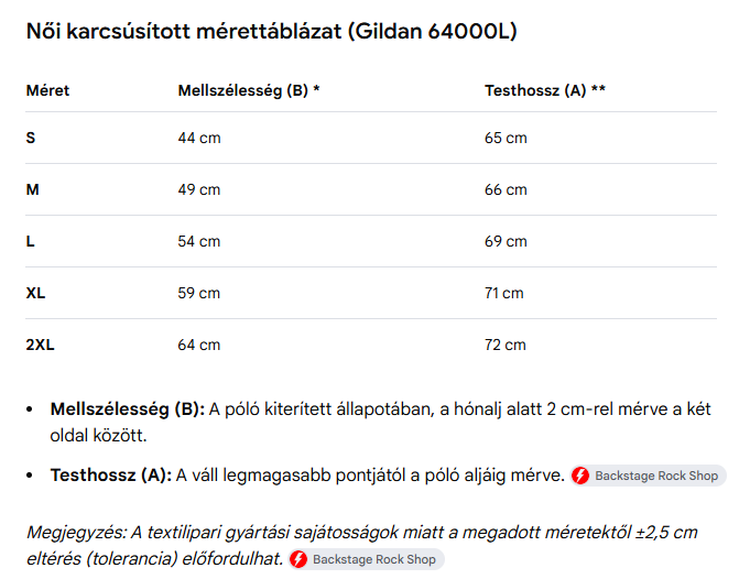 Női póló mérettáblázat